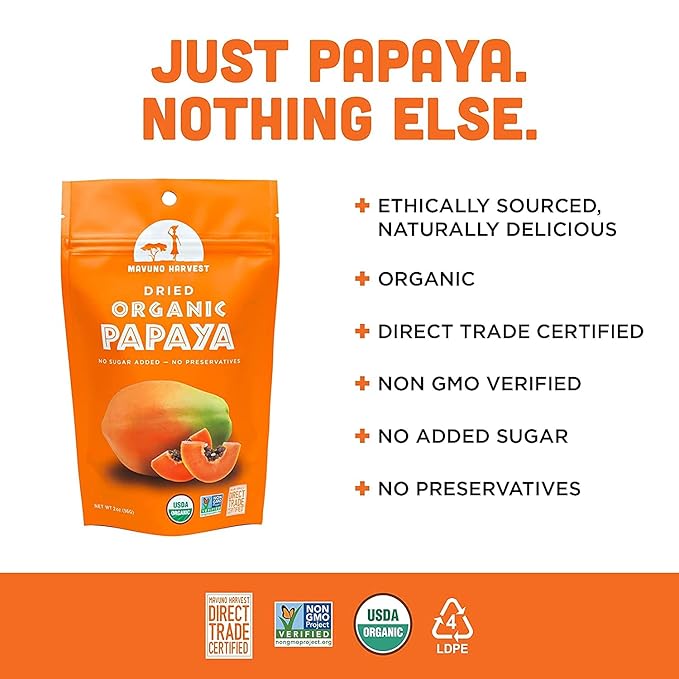 Mavuno Harvest Papaya Dried Fruit Snacks | Organic Dried Papaya Slices | Gluten Free Healthy Snacks for Kids and Adults | No Sugar Added, Vegan, Non GMO, Direct Trade | 2 Ounce, Pack of 6
