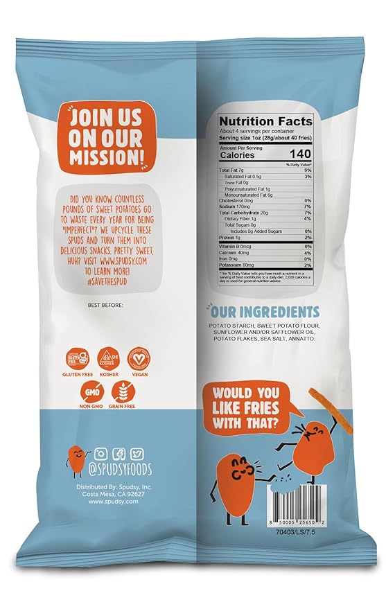 Spudsy Sea Salt Sweet Potato Fries | Vegan, Gluten Free Veggie Straws | Plant-Based, Allergen-free, Non-GMO, Kosher, Superfood Snack | 6 Pack, 4 oz Bags