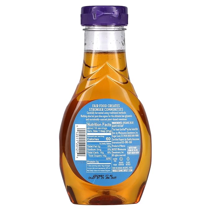 Wholesome Sweeteners 11.75-Ounce Organic Blue Agave Nectar, Fair Trade, 100% Pure, Non GMO, Gluten Free & Vegan, 1 Pack