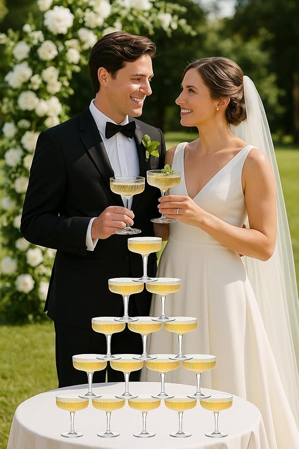 Khen Crystal Glass Ribbed Vintage Art Deco Coupe - 8oz. Set of 12 Crystal Glasses - Weddings & Parties, Champagne Tower, Hosting Essentials, Champagne & Cocktail Goblet Stemmed Ripple Coupes Glassware