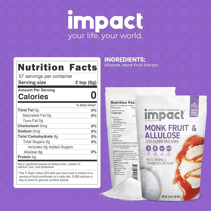 Impact - Monk Fruit Allulose Sweetener, Crystallized Blend Sugar Substitute - Zero Calorie Low-Carb Essential for Low-Carb Recipes - 1lb