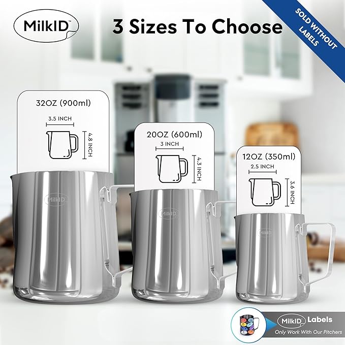 Stainless Steel Milk Frothing Pitcher | Compatible with MilkID Labeling System | Espresso Accessories Kit | Barista Tools | Latte Art Pitcher (20oz / Pitcher Only)