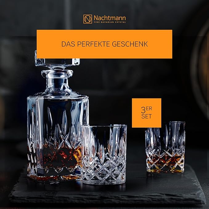 Nachtmann Noblesse 3-Piece Crystal Whiskey Set - 25oz Decanter with Stopper & 10.4oz Tumblers, Luxurious Glassware for Elegant Home Bars & Whiskey Enthusiasts - Modern Glass Collection