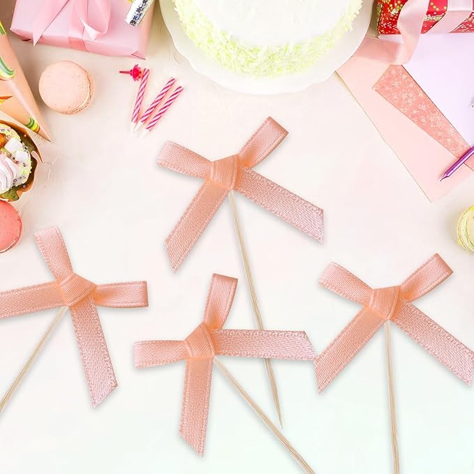 24Pcs Bow Birthday Decorations Cupcake Toppers Supplies Rose Gold Bow Baby Shower Cupcake Toppers Decorations for Girl Party Supplies Coquette Birthday Decorations