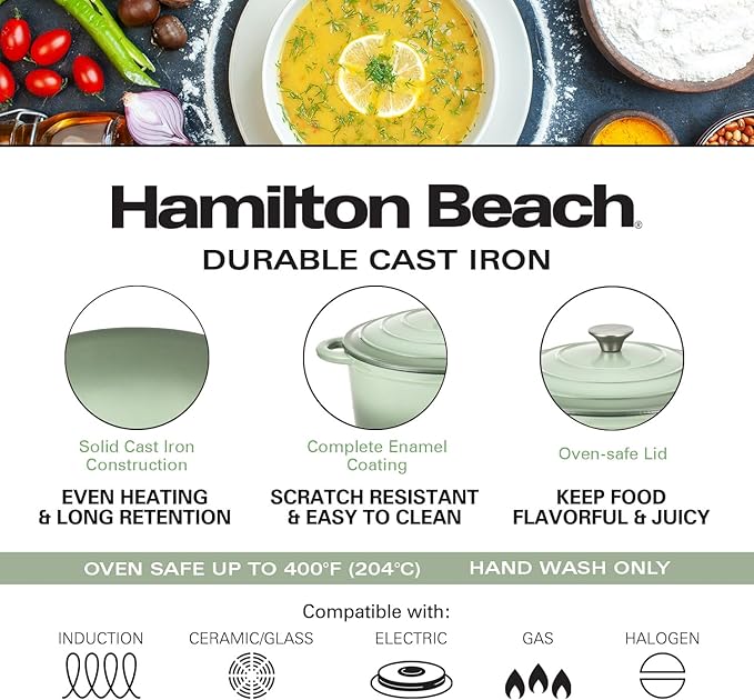 Hamilton Beach Enameled Cast Iron Dutch Oven 5.5-Quart Sage, Cream Enamel Dutch Oven Pot with Lid