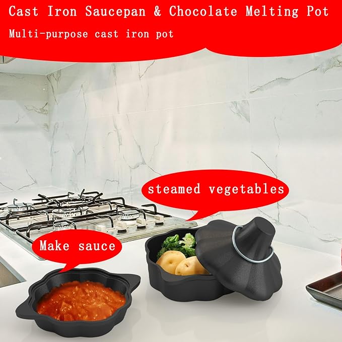 Cast Iron Saucepan & Chocolate Melting Pot, Small Sauce Pan & Tart Pan with Lid and Steamer, Garlic Roaster and Rice Pot for Baking, Grilling and Daily Cooking, Heavy Duty Multi-Functional Pot