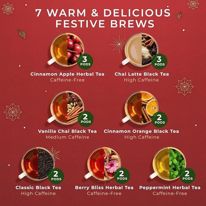 Gya Tea Co Christmas Collection Tea Gift Set (16 ct) - Assorted Tea Pod Variety Pack with 7 Warm Flavors with Vanilla Chai, Peppermint, Berry Bliss, black, Cinnamon apple & Orange