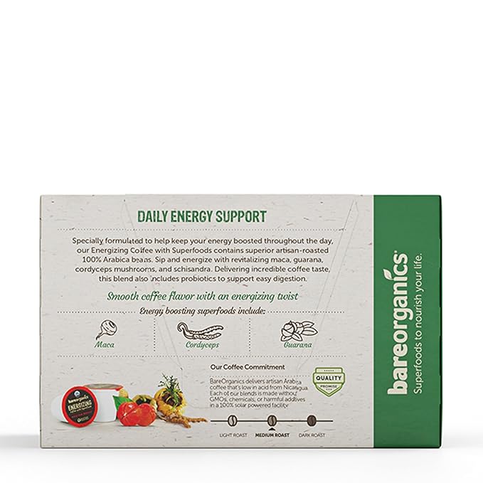 BareOrganics Energy Medium Roast Coffee, Organic, 10 K-Cup Pods, Superfoods & Probiotics Infused, Vegan, Gluten Free, 10 Single Serve Cups