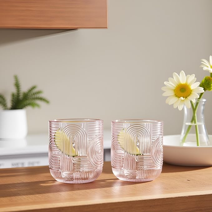 Glaver's Whiskey Glasses Set of 4 Double Old Fashioned 13 oz. Rock Glases, Pink Embossed Art Deco New Designed, Modern Vintage Drinking Glassware For Home Bar Whisky Bourbon Scotch