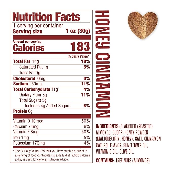 AlmondRx | Heart Healthy Skinless Lightly Salted California Almond Snack Packs | Fortified with Vitamin D | Plant Protein | Keto | Vegan | No Sugar Added (6 Pack, Honey Cinnamon)