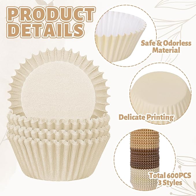 Whaline 600Pcs Brown Neutral Cupcake Liners Fall Color Brown Gradient Color Baking Cups Tan Neutrals Cupcake Wrappers Muffin Liners for Baby Shower Bridal Shower Wedding Birthday Party Supplies