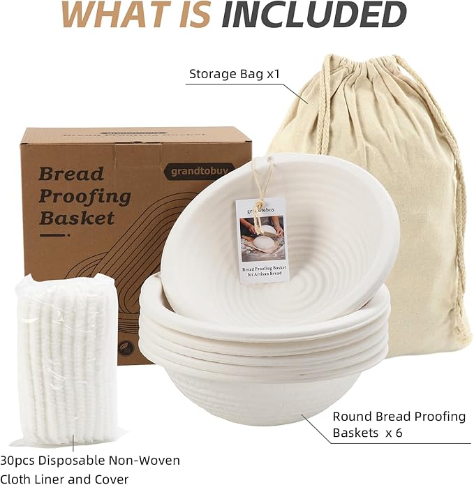 6x 10inch Round Pulp Sourdough Banneton Bread Proofing Basket Brotform Baking Supply with 30pcs Disposable Non-Woven Liners and Storage Bag for Professional and Homemade Bread