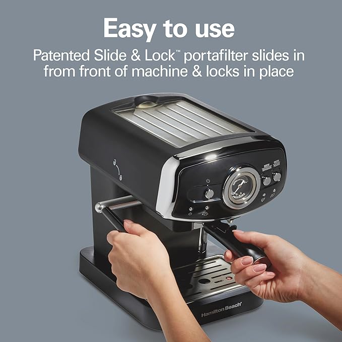 Hamilton Beach Slide & Lock Espresso Machine With Milk Frother Steam Wand For Cappuccino & Latte, 15 Bar Pump and Two Spouts, Removable Reservoir, Compact, Retro Design, Black (40730)