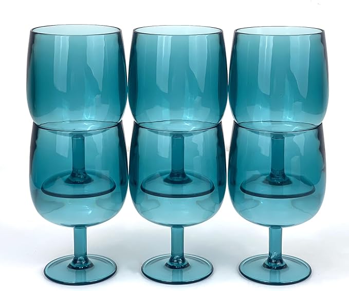 Yalin Set of 6 Unbreakable 12 oz Acrylic Plastic Wine and Water Tumbler Stackable Goblets. (Cyan, 12 oz)