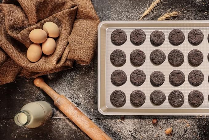 Kitcom Nonstick Cookie Sheet Baking Pan Sets 2 Piece, Heavy Duty Carbon Steel Professional Half Cookie Molds, 17.7x12.8in,14.7x10in, Champagne Gold