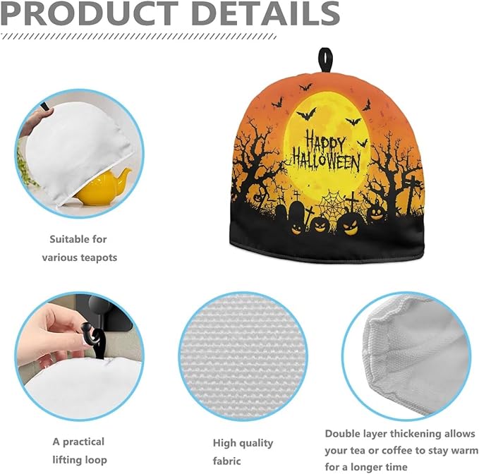 Happy Halloween Tea Cosy for Teapot with Handle Kitchen Kettle Dust Cover for Keeping Warm Machine Washable Tea Cosy Fabric Quilted Padding