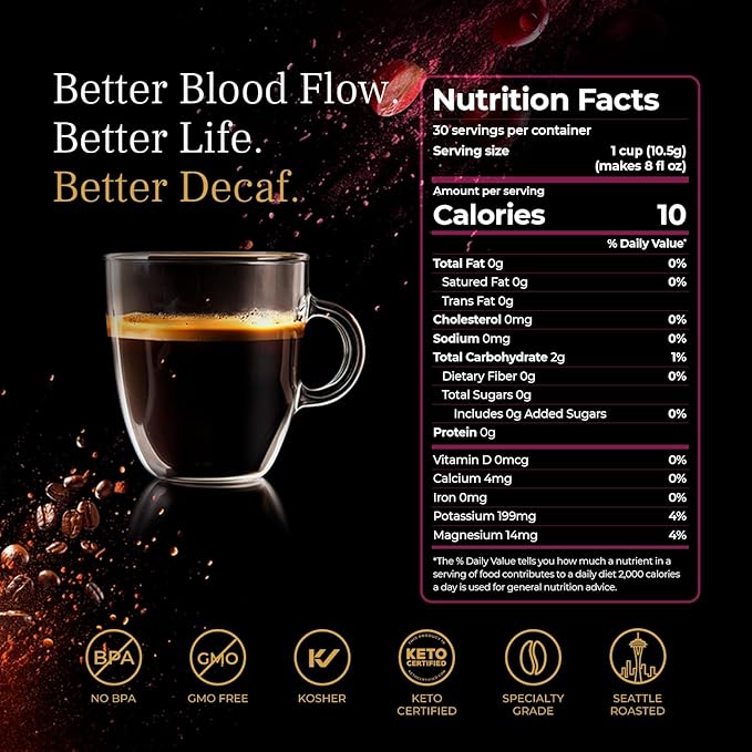 VINIA Blood Flow Energy Coffee DECAF - Medium Roast Superfood Coffee Pods, Swiss Water Process Powered by Red Grape Piceid Resveratrol. K Cup Compatible Coffee Pods, Caffeine Free, 60 Ct