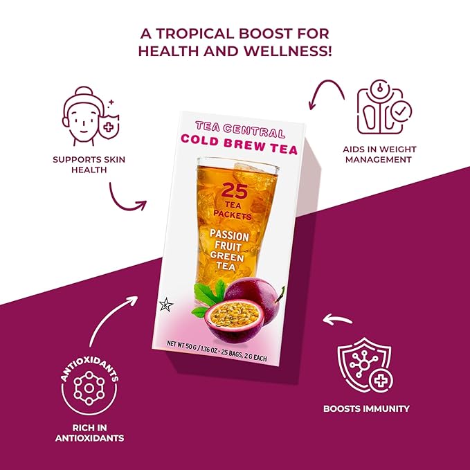 Life Plus Style Gourmet TEA CENTRAL Passion Fruit Iced Tea with Organic Ceylon Green Tea Refreshing Tea Beverages Natural Flavored Cold Brew Tea Bags Everyday Wellness Iced Drink 25 Tea Bags