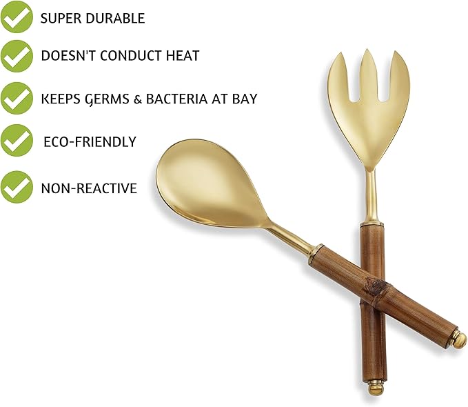 Folkulture Serving Utensils for Modern Serving and Cooking, Stainless Steel Salad Servers or Salad Tongs, 12 Inch Salad Tosser, Serving Spoon and Fork Set with Bamboo Handle, Gold