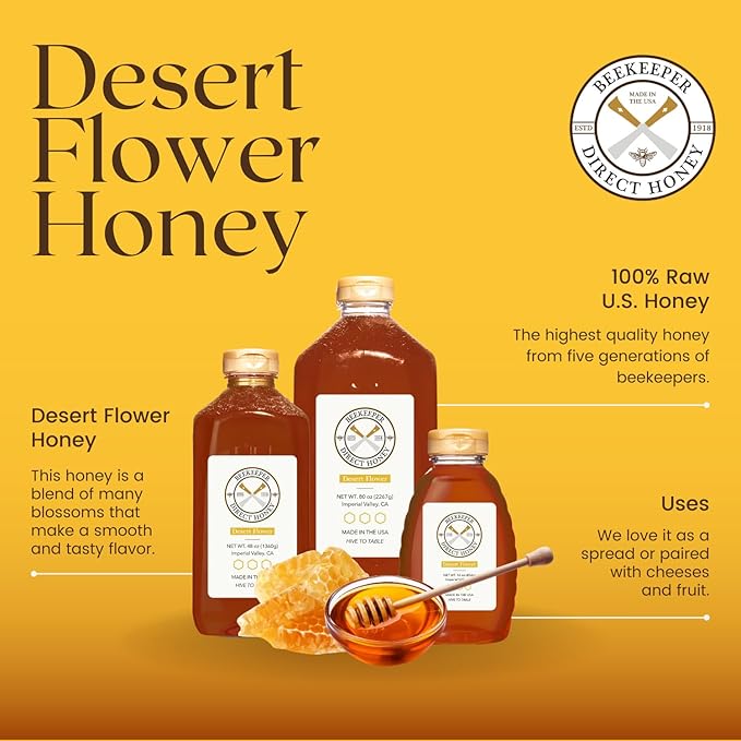 Beekeeper Direct Raw Unfiltered Honey - Real Raw Desert Flower Honey - All Natural Non-GMO Pure Gourmet Honey - Local California Sonora Desert Blossom Honey (5lbs Squeeze Bottle)