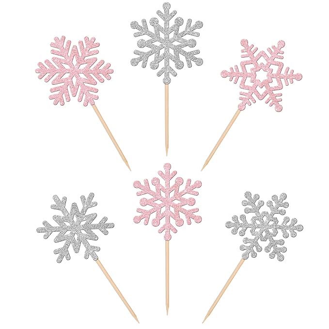24 PCS Snowflake Cupcake Toppers Glitter Frozen Snowflake Cupcake Picks Winter Wonderland Cake Decorations for Winter Frozen Theme Baby Shower Kids Birthday Christmas Party Supplies Silver Pink