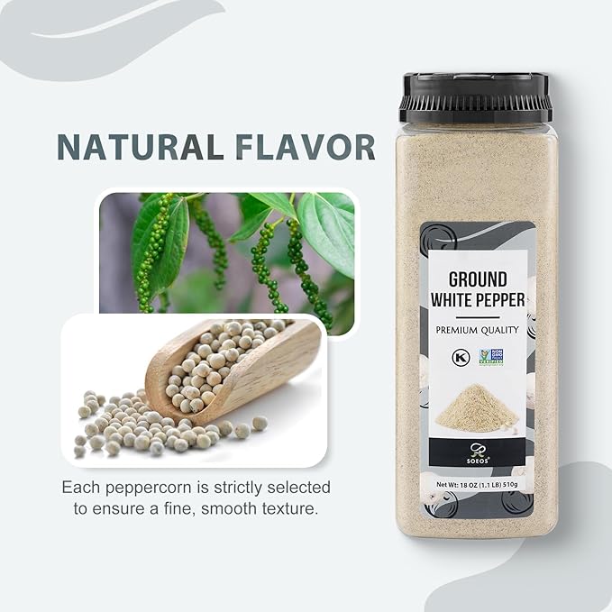 Soeos Ground White Pepper, 18oz (510g), Non-GMO, Kosher Certified, Fresh, Aromatic and All-Natural, White Peppercorns Powder, Perfect for Barbecue, Stir-Fry, Soup
