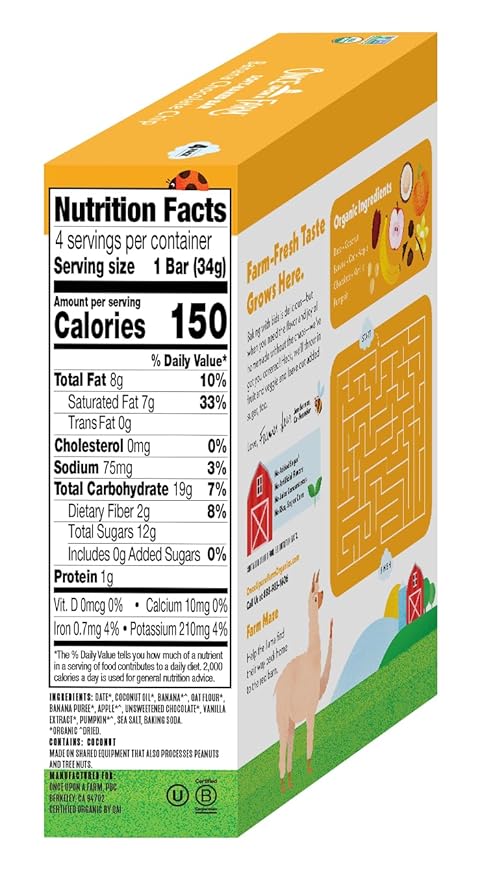Once Upon a Farm | Organic Banana Chocolate Chip Soft Baked Bar | Chocolate, Banana, Vanilla & Oats | Made with Real Fruit & Veggies | No Added Sugar | 8 Boxes
