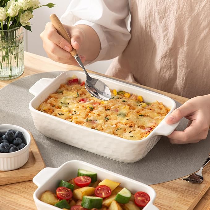 YUN TAO Casserole Plates for Oven Ceramic Baking Pan Ceramic Baking Pan Rectangular Bakeware Pan with Handle for Baking Cake Kitchen Cake Dinner Set of 3 (3 Pieces, White)