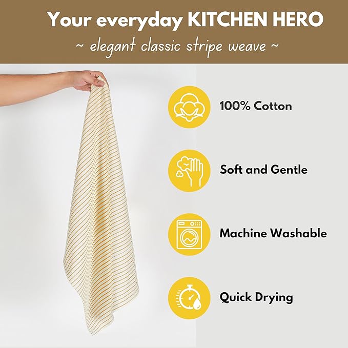 Native Fab 4 Pack Farmhouse Stripe Kitchen Dish Towels Cotton Super Absorbent Quick Drying Reusable 18x26 Inches - Bar Hand Towels, Kitchen Cleaning Towels with Hanging Loop, Milenna Yellow