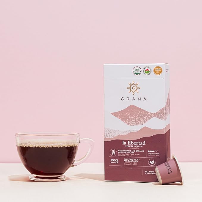 G GRANA Coffee Pods, Compatible with Nespresso OriginalLine, 20 Pack, Medium-Dark Roast, USDA Organic 100% Arabica Single Source Specialty Coffee, Compostable Single Serve Capsules, La Libertad