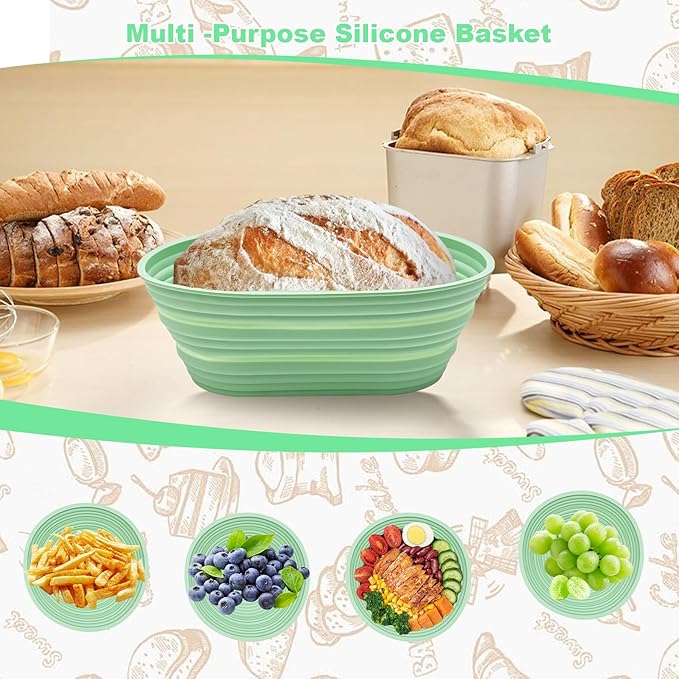 Sourdough Bread Baking Supplies, Silicone Banneton Bread Proofing Basket Set of 2, 9 Inch Round & 10 Inch Oval Foldable Sourdough Proofing Basket, Sourdough Starter Kit, Bread Making Tools (Green)