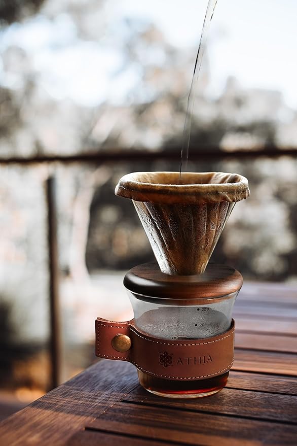 ATHIA glass pour over coffee maker set, minimalist drip coffee maker with reusable cloth filter, glass coffee dripper, walnut lid & leather sleeve for single cup manual brewing (Walnut Wood)
