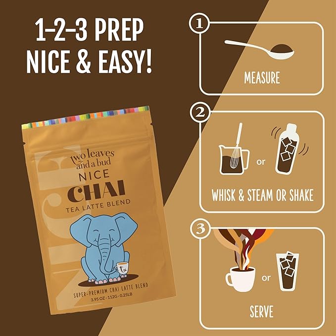 Two Leaves and a Bud Nice Chai Latte Mix, Powdered Chai Latte Tea Mix, Vegan, Dairy Free, Low Sugar, Iced or Hot Lattes | 1 Resealable Bag, 3.95 oz | 8 servings