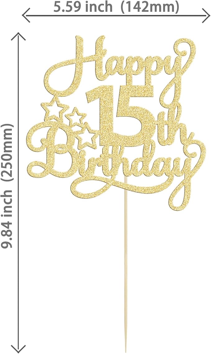 1 Pack Happy 15th Birthday Cake Topper Gold Glitter Mis Quince 15 Cheers to 15 Years Old Cake Pick for Celebrating 15th Birthday Anniversary Party Cake Decorations Supplies