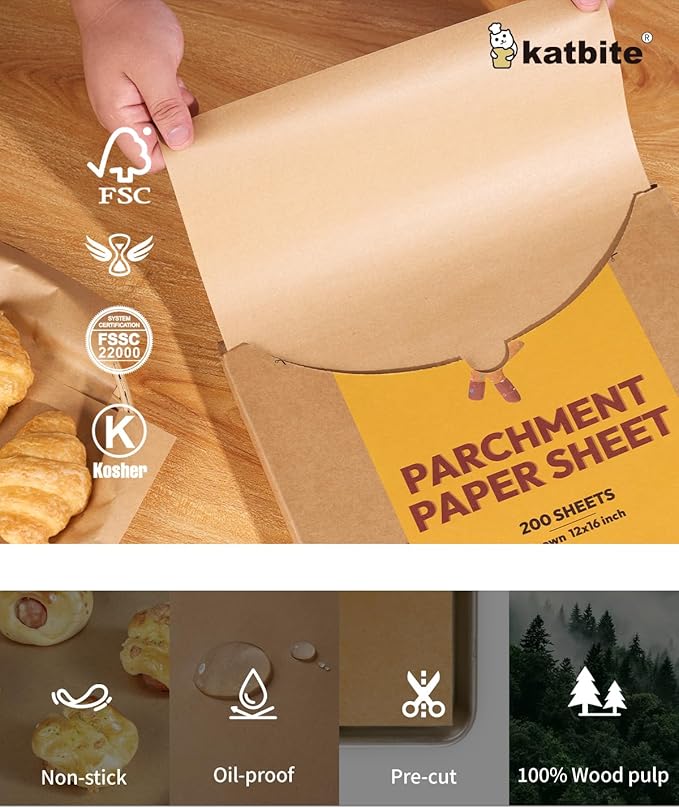 Katbite 200Pcs 12x16 In Unbleached Parchment Paper for Baking, Precut Parchment Paper Sheets, Heavy Duty Flat Baking Paper, Half Sheet Baking Sheets for Baking Cookies, Cooking, Air Fryer, Oven