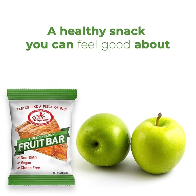 Betty Lou's Fruit Bars, Apple Cinnamon Pack of 12, Gluten Free, Vegan, Non GMO, Deliciously Healthy Snacks Made with All Natural Fruit Juice, Individually Wrapped, 2 oz. Each, 12 Bars