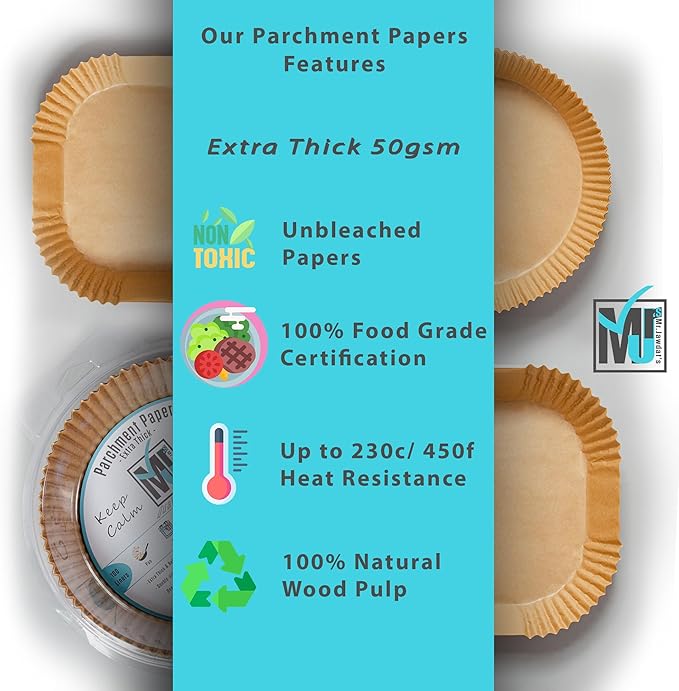 ((Extra Strong)) Air Fryer Disposable Paper Liner 100Pcs, Mr.Jawdat's Strong AirFryer Liners, Non-Stick Liner for Air Fryer and Microwave, Free of Bleach (Round, Bottom Size 7.9inch).