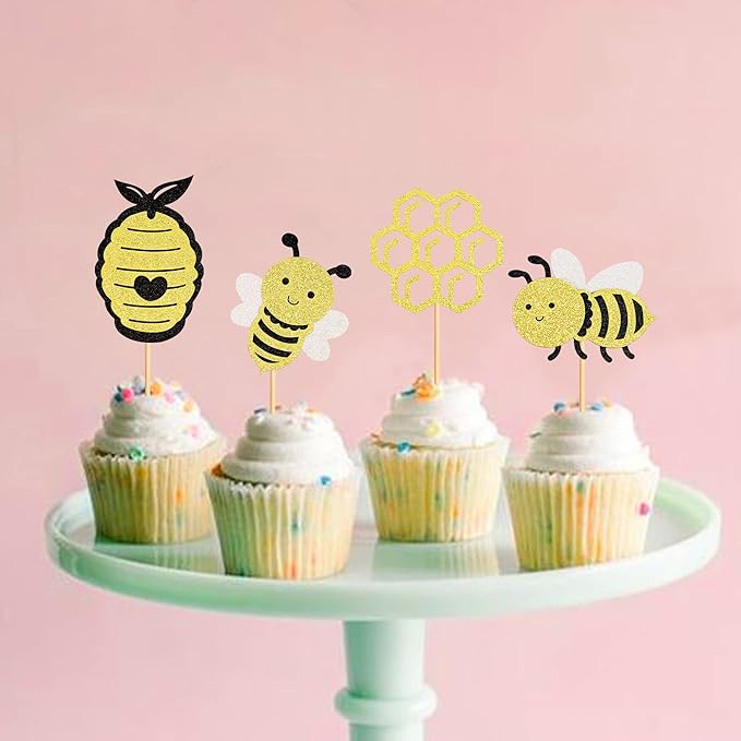 Pack of 24 Bumble Bee Cupcake Toppers Glitter Bee Gender Reveal Honeycomb Cupcake Picks Baby Shower Birthday Party Cake Decorations Supplies