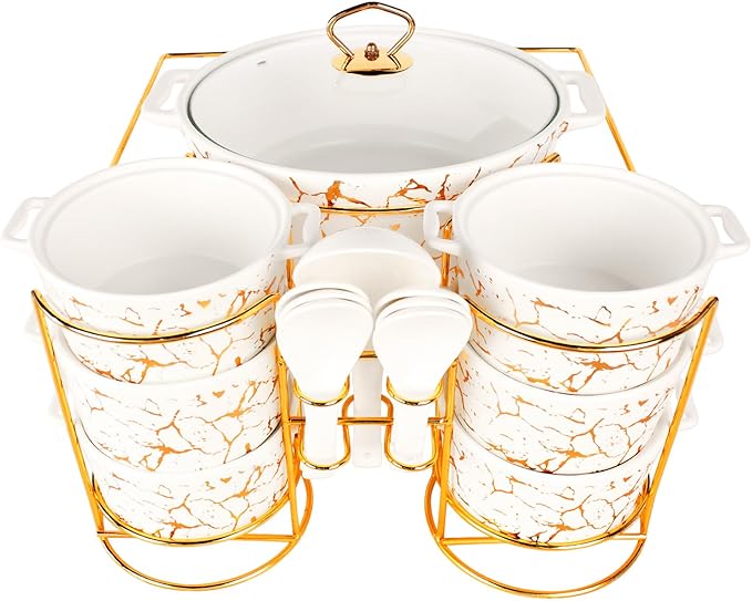 Ceramic Casserole Dish set with rack and Glass Lid, 1 large spoon, 6 small spoons, 6 soup cups - 2.2Qt Serving Soup Tureen with Handle, Serving Tureen for Restaurant Home Kitchen Decoration