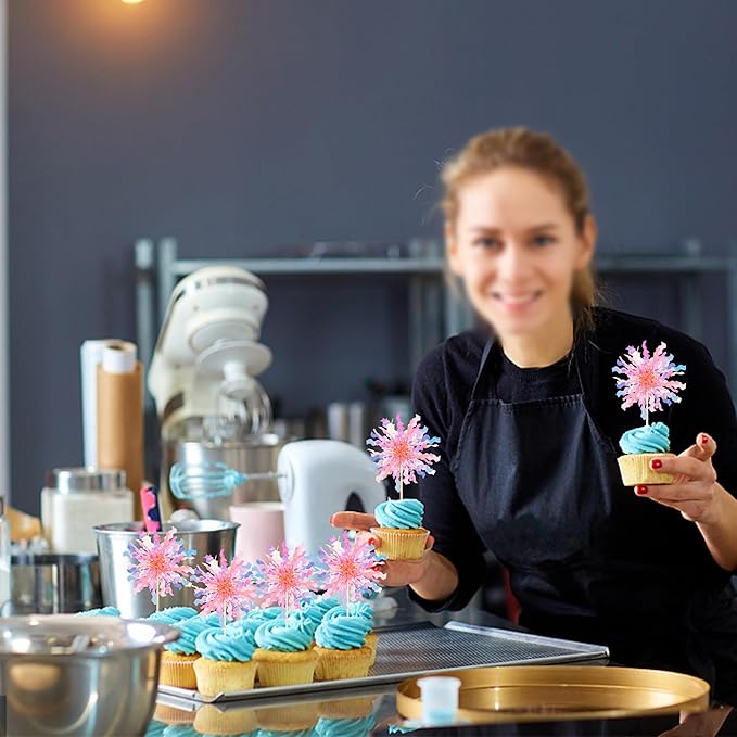 Rsstarxi 30 Pack Foil Firework Cupcake Toppers Birthday Party Decorations Sparkle Tinsel Cocktail Food Fruit Toothpick for New Years Valentine's Day Wedding Birthday Party Decorations