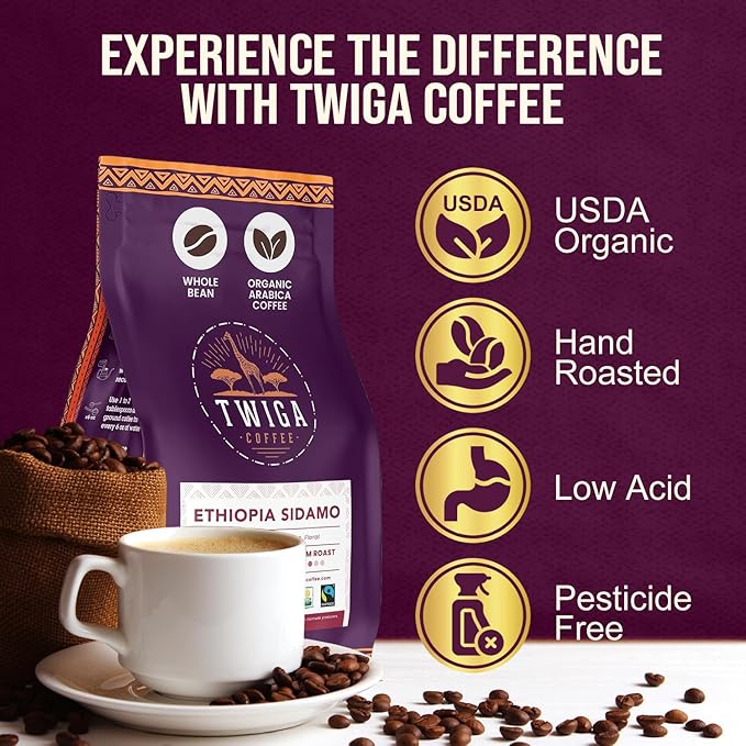 Twiga Coffee Ethiopian Coffee Beans - Ethiopian Yirgacheffe Whole Bean, Organic Medium Roast Arabica with Rich Berry, Chocolate & Floral Flavor Notes, Single Origin, Fresh Roasted in Ethiopia, 12 oz