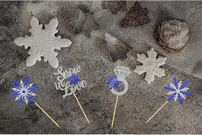 24PCS Snow in Love Cupcake Toppers for Winter Snowflake Decorations, Frozen Snowflake Love Cake Toppe for Bridal Shower Party Decorations (Love B)
