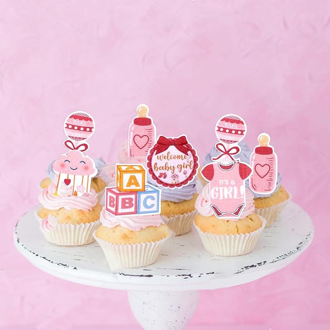 60 PCS Edible Oh Baby Cupcake Toppers Pacifier Cloud Moon Star Welcome Baby Girl Cupcake Picks Edible Baby Shower It's a Girl Cake Decorations for Baby Shower Girls Birthday Party Supplies Pink