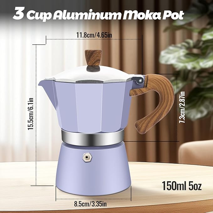 3 Cup Aluminum Moka Pot Purple Classic Stovetop Espresso Coffee Maker 150ml 5oz Coffeemaker Percolator Mocha Pot Greca Coffee Maker Cafe Makers for Italian and Cuban Cafì±?Brewing Purple