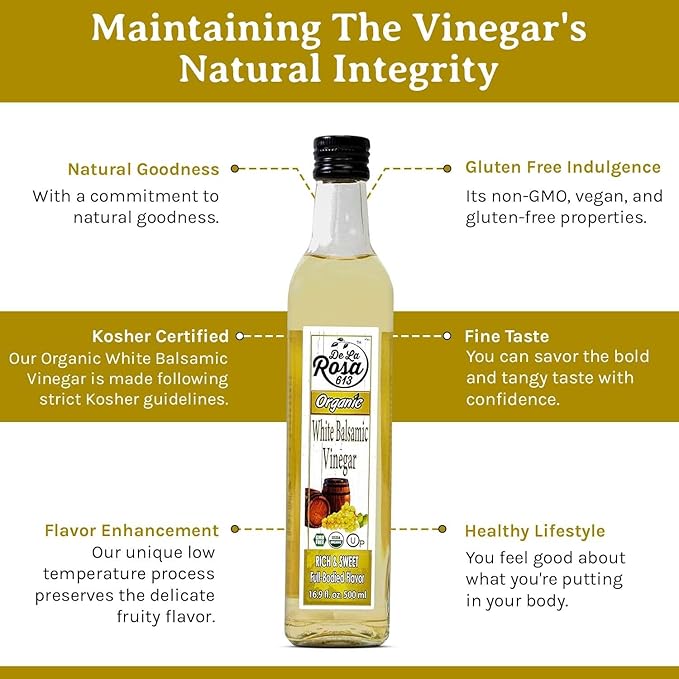 De La Rosa Organic White Balsamic Vinegar, Aged in Spanish Wood Barrels, Kosher for Passover, Vegan & Gluten-Free, Great for Salad Dressing, Marinades, Organic Balsamic Vinegar 16.9 Oz (Pack of 2)