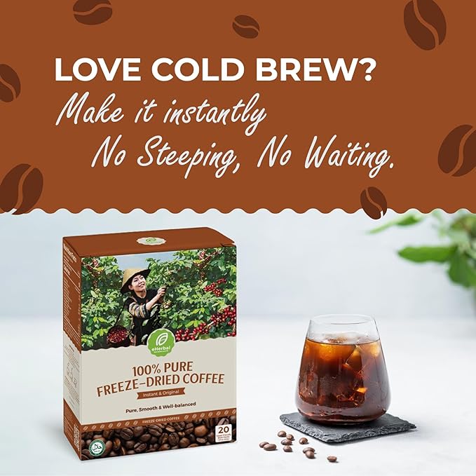 eHerbal Vegan Calming Instant Coffee Powder, plant base freezed dried Cold Brew 20 Packs | Smooth & Bold Vietnamese Robusta Coffee | Non-GMO, Vegan, Keto-Friendly, Low Acid (2.5g/stick)