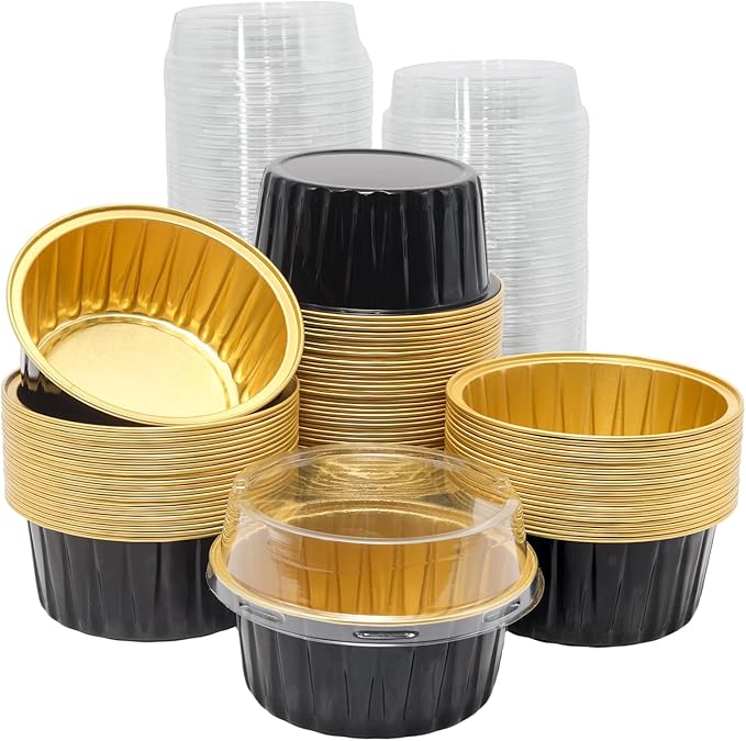 100 Pack 4.2oz Aluminum Cups with Lids Mini Flan Containers with Lids Cupcake Baking Cups, Black Gold