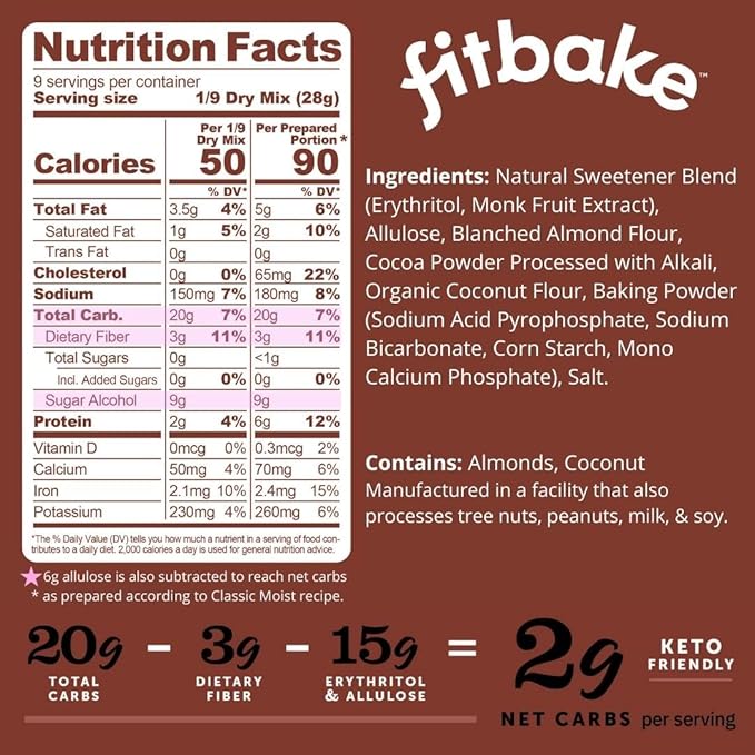 FitBake Chocolate Cake Baking Mix | 2g Net Carbs | Keto Friendly Low Carb Food | No Added Sugar Keto Snack | Zero Sugar & Gluten Free Desserts | Naturally Sweetened Cake Mixes Keto Food 8.75oz