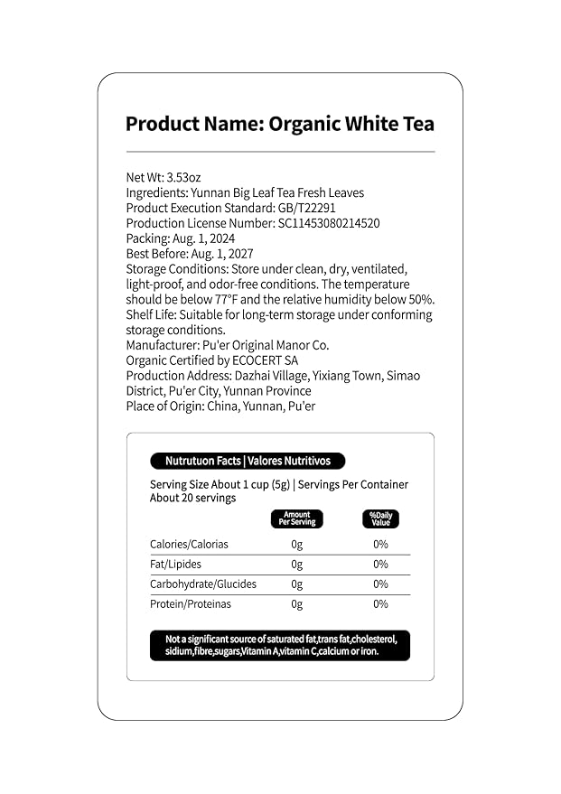 KHS Premium Organic White Tea, 3.53 Oz USDA Certified Grade A White Tea, Aged White Leaves with Fresh And Sweet Flavor, White tea Loose Leaf with Simple and Natural Methods