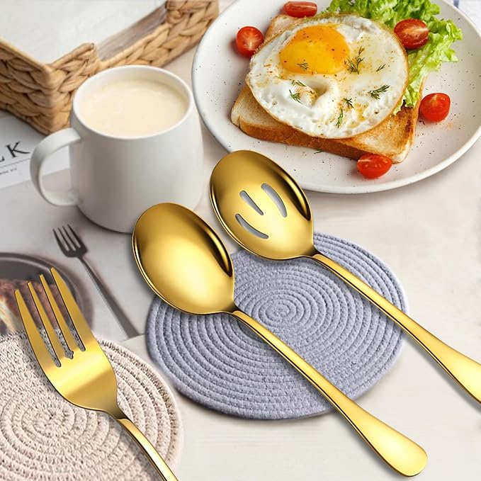 6 Piece Stainless Steel Serving Spoons Set, 10-Inch, Includes 2 Spoon/Slotted/Forks for Parties/Kitchen/Buffet/Catering, Dishwasher Safee, Gold